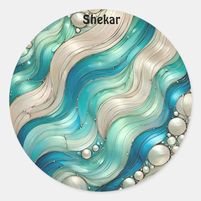 Sticker Rond SHEKAR ~ Bleu BRILLANT Blanc Abstrait ~ (Devant)