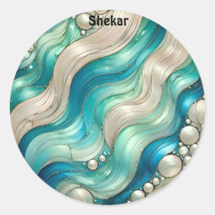 Sticker Rond SHEKAR ~ Bleu BRILLANT Blanc Abstrait ~