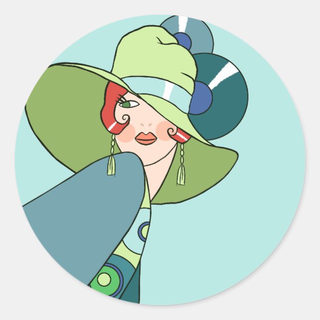 Sticker Rond Shelby, Dame des années 1920 à Aqua et Turquoise (Devant)