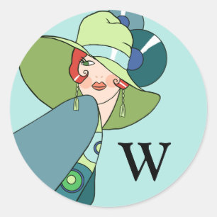 Sticker Rond Shelby, Madame des années 1930 en Aqua et Teal