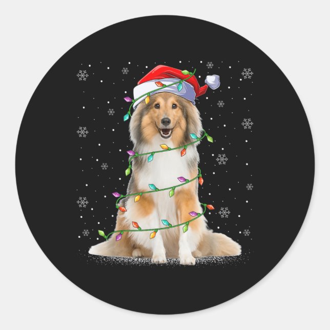 Sticker Rond Sheltie Dog Lover Xmas Lighting Santa Sheltie Chri (Devant)