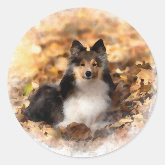 Sticker Rond Sheltie Shetland Sheepdog Art Peinture (Devant)