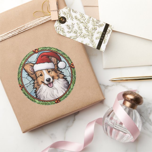 Sticker Rond Sheltie Vitrail Noël (Cadeaux)