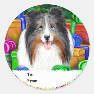 Sticker Rond Shelty Christmas Open Gifts Blue Merle Cadeaux Tag