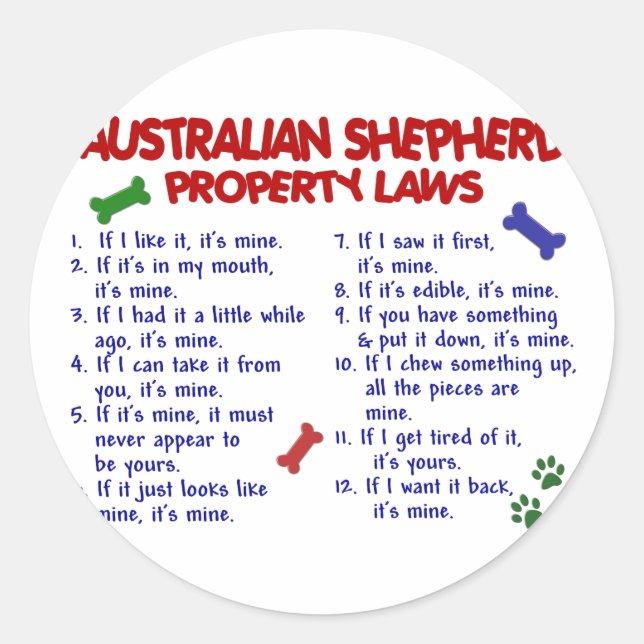 Sticker Rond SHEPHERD AUSTRALIEN Lois sur la propriété 2 (Devant)