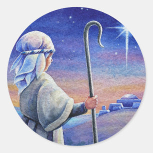 Sticker Rond Shepherd Boy Lamb & Star Watercolor Art