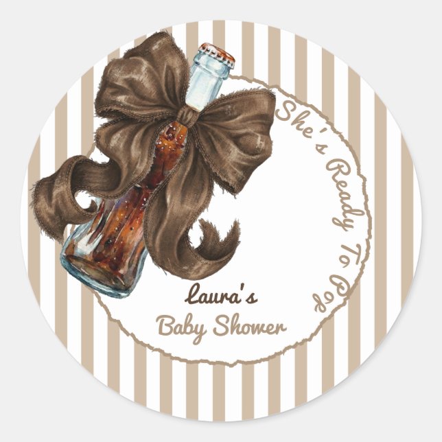 Sticker Rond She's Ready To Pop Soda Bow Baby Shower (Devant)