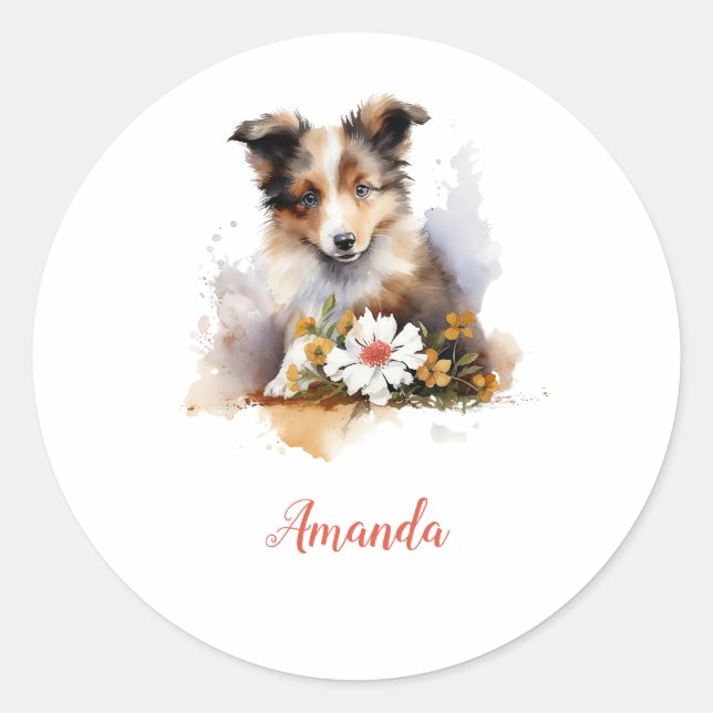 Sticker Rond Shetland Sheepdog Chiot Pet Aquarelle (Devant)