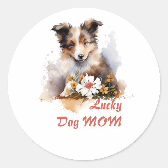 Sticker Rond Shetland Sheepdog Chiot Pet Aquarelle (Devant)