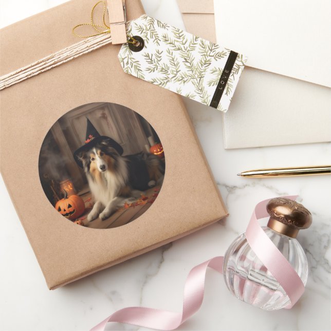 Sticker Rond Shetland Sheepdog Citrouille Halloween effrayant (Cadeaux)
