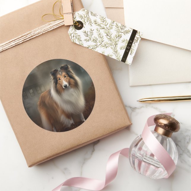 Sticker Rond Shetland Sheepdog Halloween effrayant (Cadeaux)