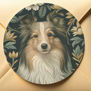 Sticker Rond Shetland Sheepdog Sheltie Vintage William Morris