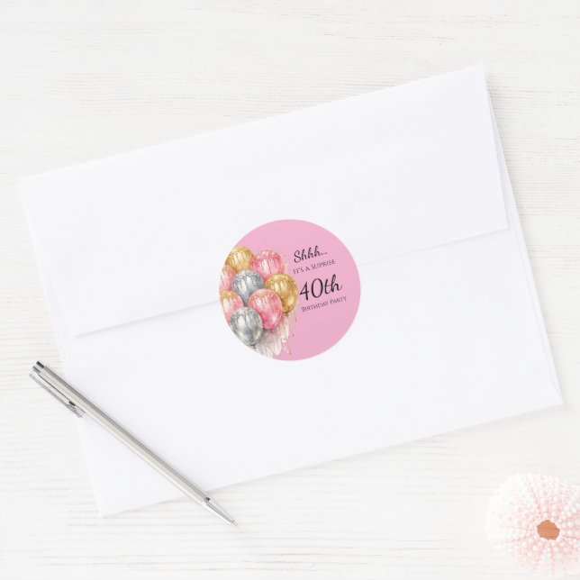 Sticker Rond Shhh Surprise Pink Silver and Gold Birthday Party (Enveloppe)