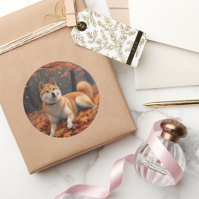 Sticker Rond Shib Inu en automne Leaves automne Inspire (Cadeaux)