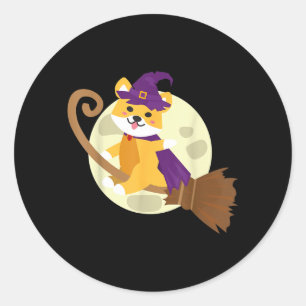 Sticker Rond Shiba Inu à cheval sur Balai de Sorcière Chien Mig