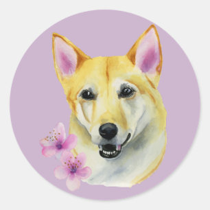 Sticker Rond Shiba Inu avec Sakura Peinture   Chien Art
