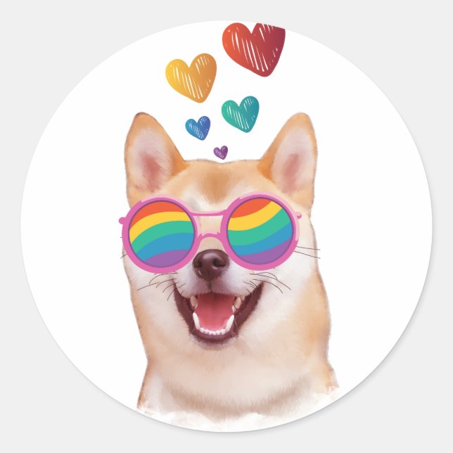 Sticker Rond Shiba Inu Chien avec Coeurs Saint Valentin (Devant)