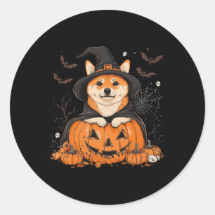 Sticker Rond Shiba Inu Chien Citrouille Halloween Thanksgiving 