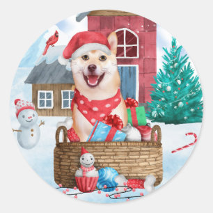 Sticker Rond Shiba Inu Chien dans la neige Maison de Chien de N