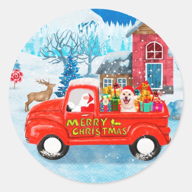 Sticker Rond Shiba Inu Chien Livraison de Noël Camion Neige (Devant)