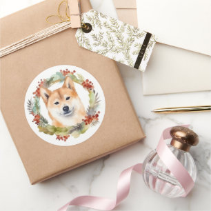 Sticker Rond Shiba Inu Festive de la couronne de Noël Coupe