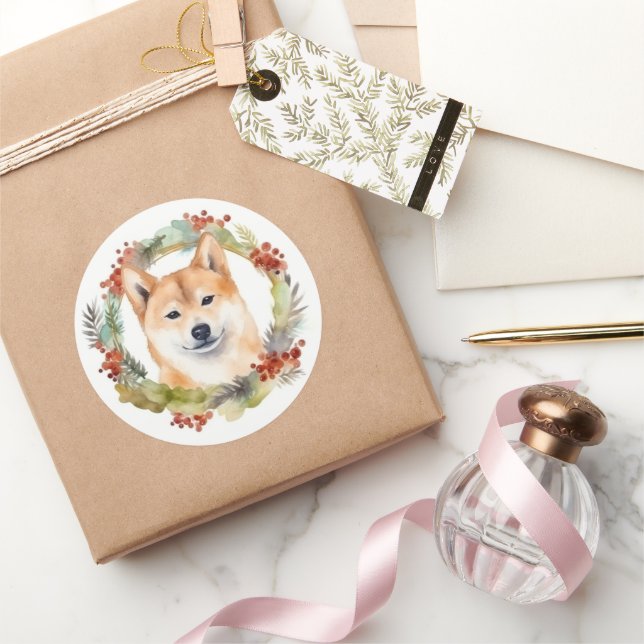 Sticker Rond Shiba Inu Festive de la couronne de Noël Coupe (Cadeaux)