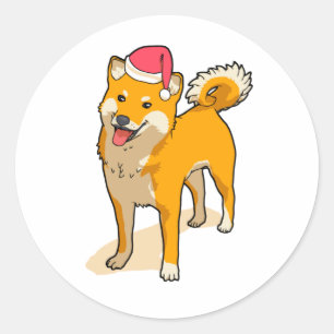 Sticker Rond Shiba Inu Santa Claus Chien Noël