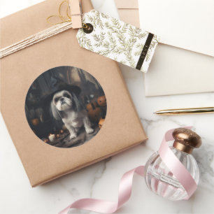 Sticker Rond Shih Tzu Citrouilles Halloween effrayant