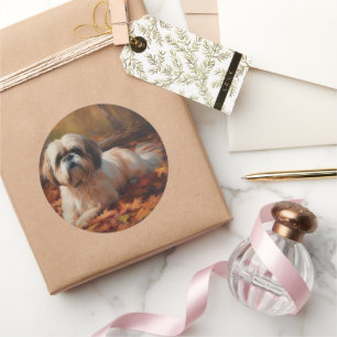 Sticker Rond Shih Tzu dans les feuilles d'automne tombent inspi