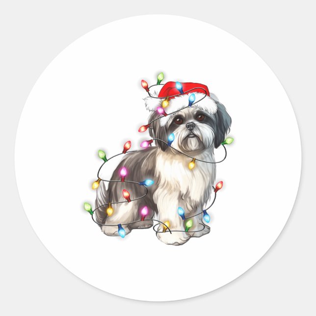 Sticker Rond Shih Tzu Dog Christmas Lights Xmas Cute  (Devant)