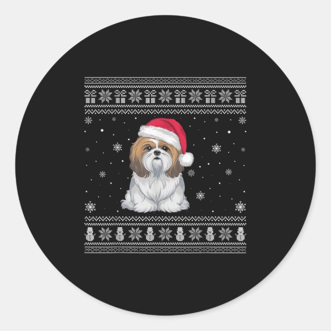 Sticker Rond Shih Tzu Dog Lovers Men Women Santa Ugly Xmas Swea (Devant)