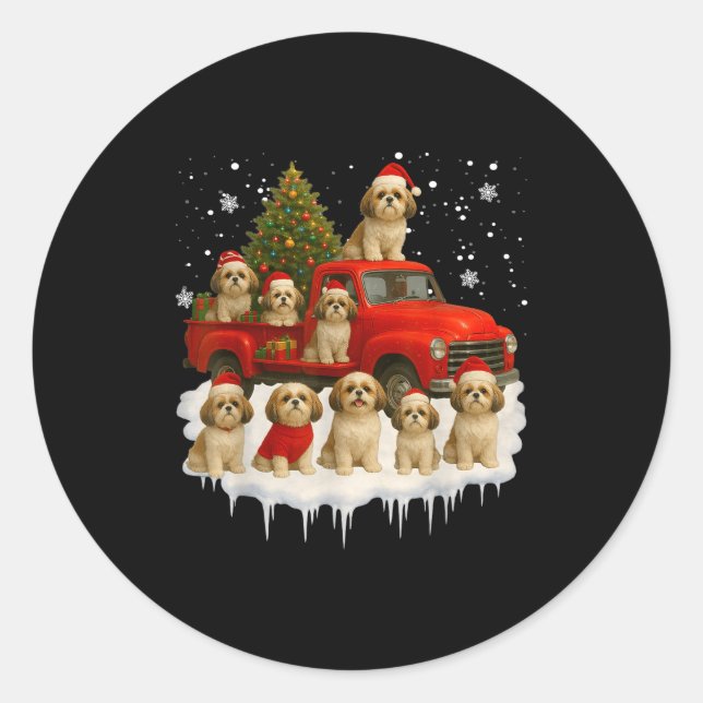 Sticker Rond Shih Tzu Dog Red Truck Christmas Tree Santa Ugly X (Devant)