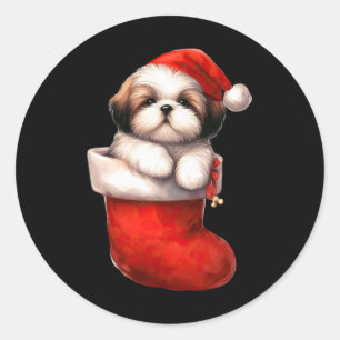 Sticker Rond Shih Tzu En Sock Noël Noël Noël Noël Noël Noël Noë