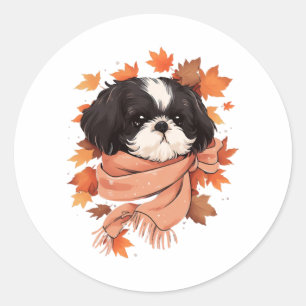 Sticker Rond Shih Tzu Fall Dog Automne quitte Thanksgiving Copi