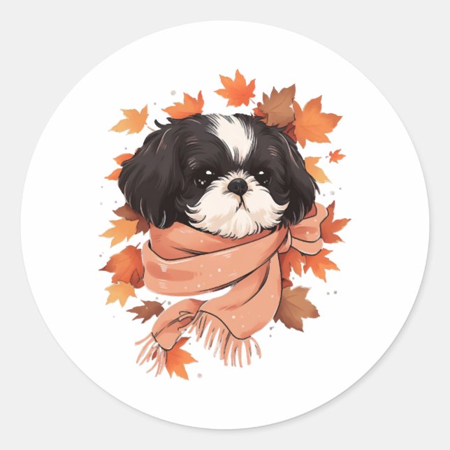 Sticker Rond Shih Tzu Fall Dog Automne quitte Thanksgiving Copi (Devant)