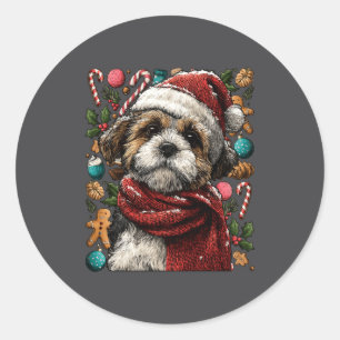 Sticker Rond Shih Tzu festif avec chapeau de Père Noël enneigé