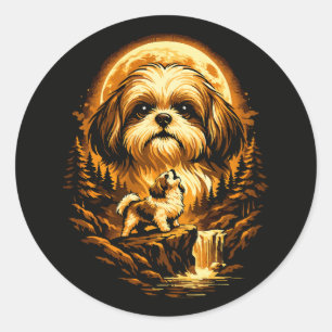Sticker Rond Shih Tzu hurlant à la Lune Chien drôle