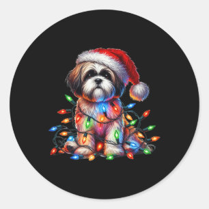 Sticker Rond Shih Tzu illuminations de Noël Amoureux des chiens