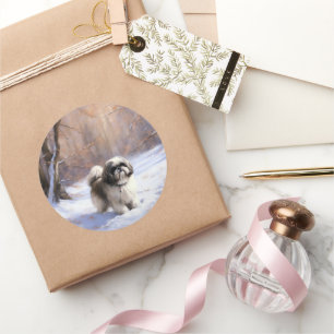 Sticker Rond Shih Tzu Laisse Neige Noël