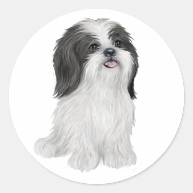 Sticker Rond Shih Tzu - noir et blanc (par JF) (Devant)