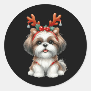 Sticker Rond Shih Tzu Reindeer Noël Noël Noël Noël