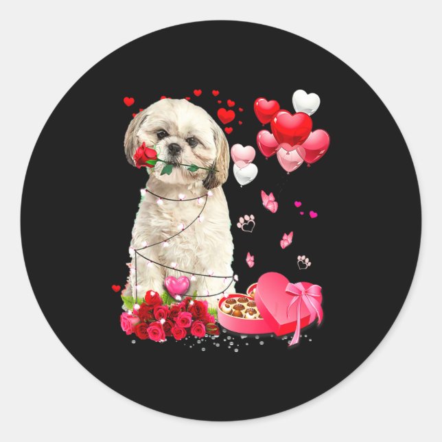 Sticker Rond Shih Tzu Rose Heart Happy Valentine Day Dog Mom  (Devant)
