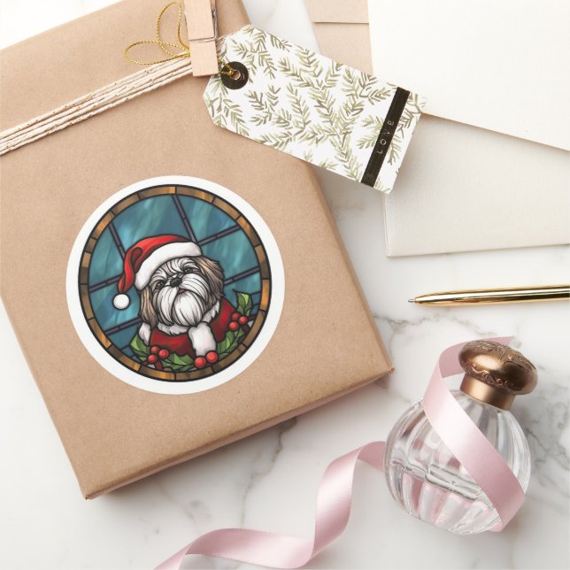 Sticker Rond Shih Tzu Vitrail de Noël (Cadeaux)