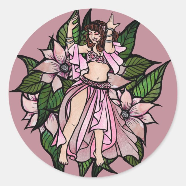 Sticker Rond Shimmy, danseuse du ventre rose (Devant)