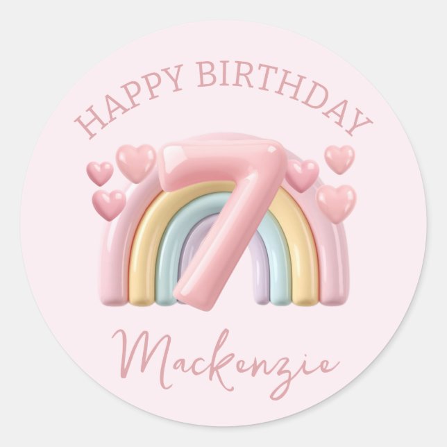 Sticker Rond Shiny 3D Rainbow 7th Birthday Girl on Pink (Devant)