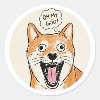 Sticker Rond Shocked Shiba Inu "OH MY GOD" - Surprise Meme
