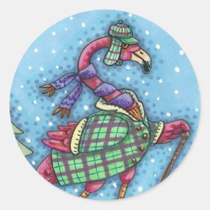STICKER ROND SHOOTS D'HIVER, FLAMANT ROSE ROSE, MAUVAIS NOËL