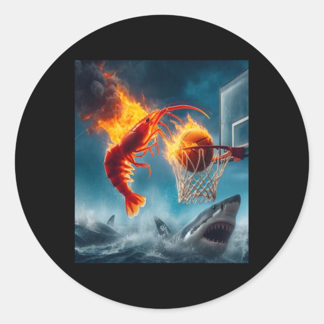 Sticker Rond Shrimp Dunking On Shark Funny Fishing Meme  (Devant)