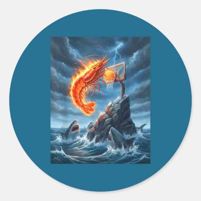 Sticker Rond Shrimp Dunking On Shark Funny Fishing Meme Basketb (Devant)