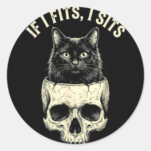 Sticker Rond Si ça rentre je m'assois crâne de chat noir mème d
